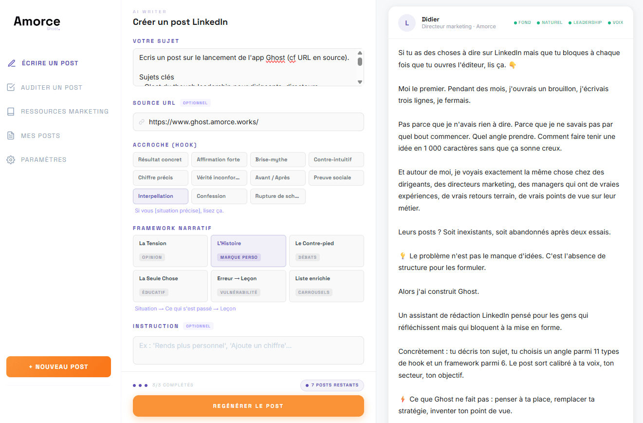 Interface de rédaction de posts LinkedIn Amorce